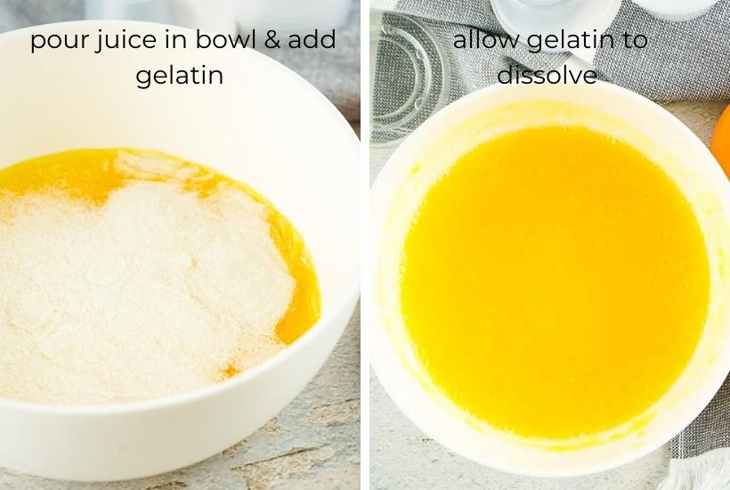 gelatin being dissolved in orange juice in a white bowl