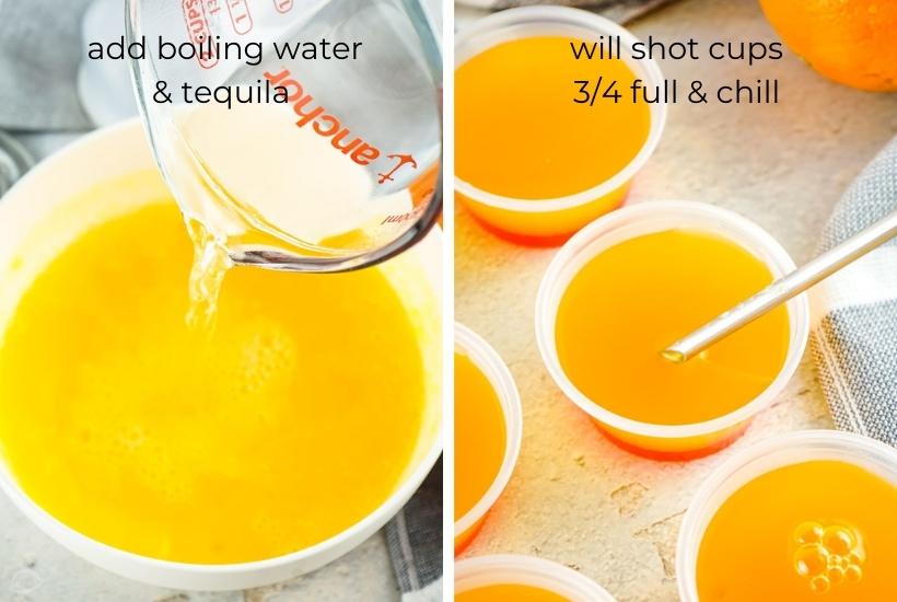 mixing together the water, tequila, and orange juice then putting it into the shot cups