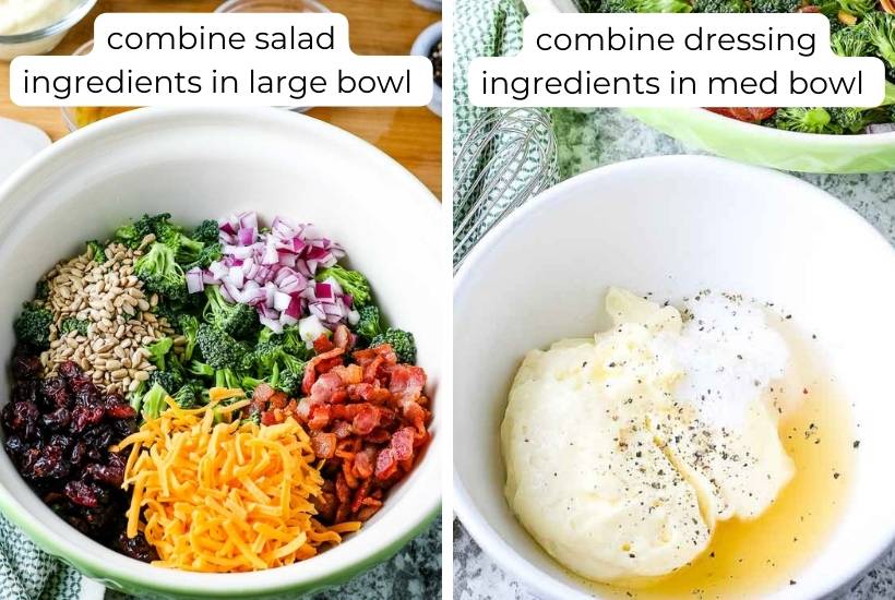 Photo collage showing salad ingredients in a bowl and dressing ingredients in a bowl.