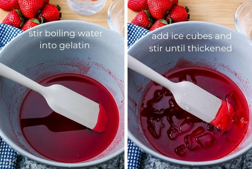 Two image collage of photos showing how to make the strawberry gelatin.