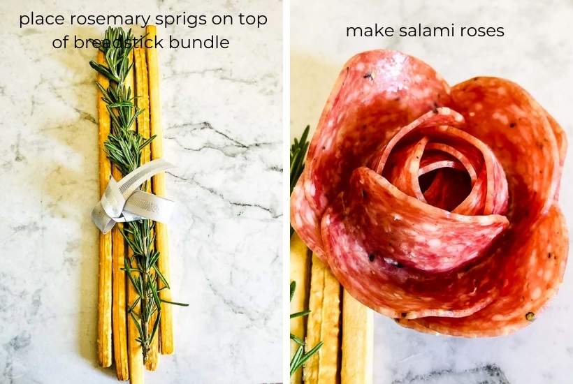 two image collage showing the breadsticks being wrapped for the stems and a closeup of salami roses