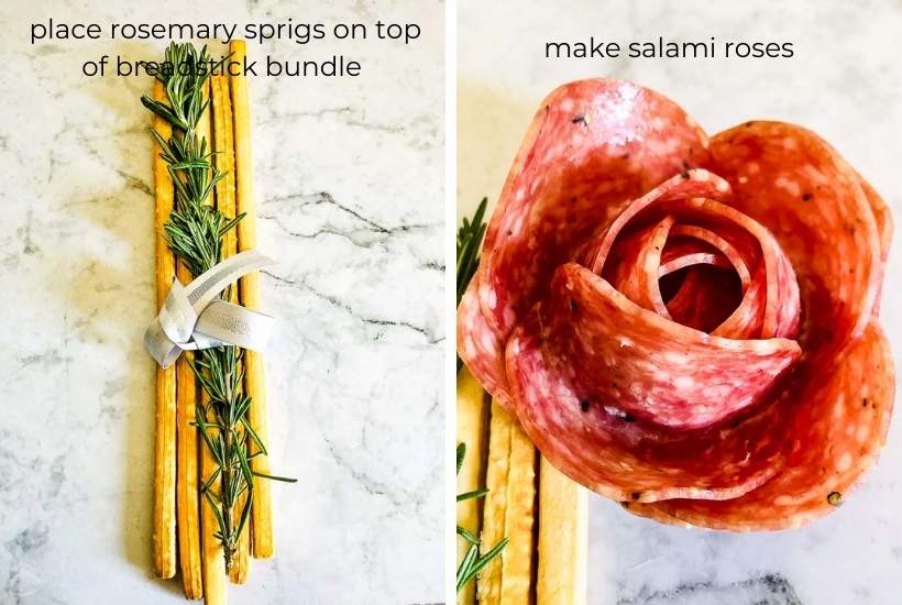 two image collage showing the breadsticks being wrapped for the stems and a closeup of salami roses