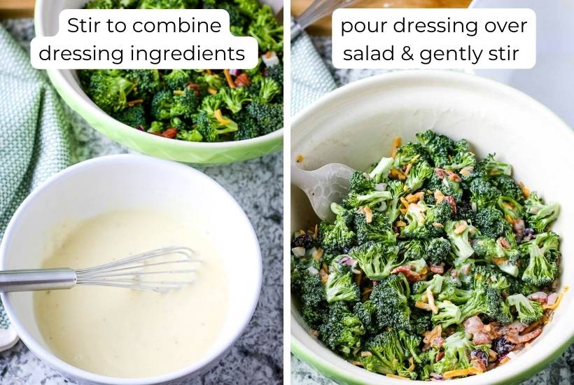 Photo collage showing dressing ingredients combined and added to the salad ingredients.