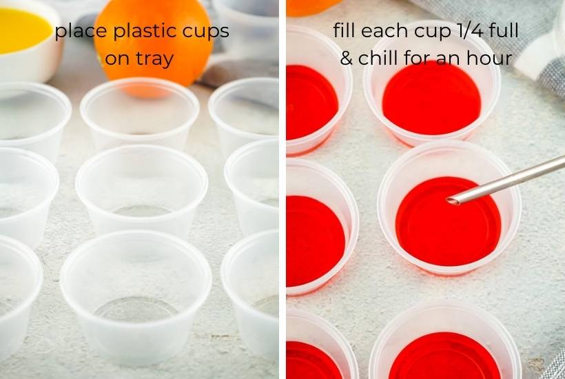 filling the shot cups with red jello layer