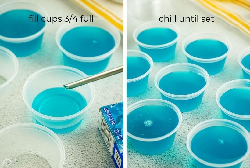 filling the shot cups with the blue jello mixture