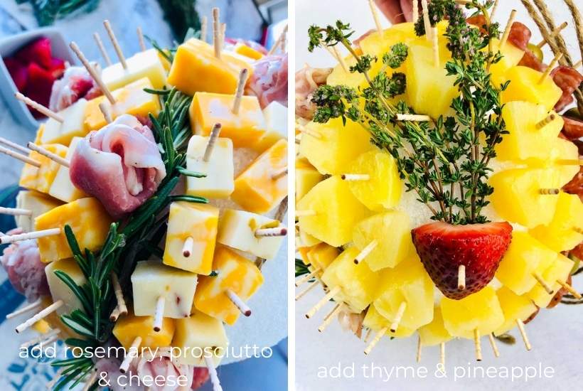 rosemary and thyme springs being attached to the ball with prosciutto, cheese, and pineapple