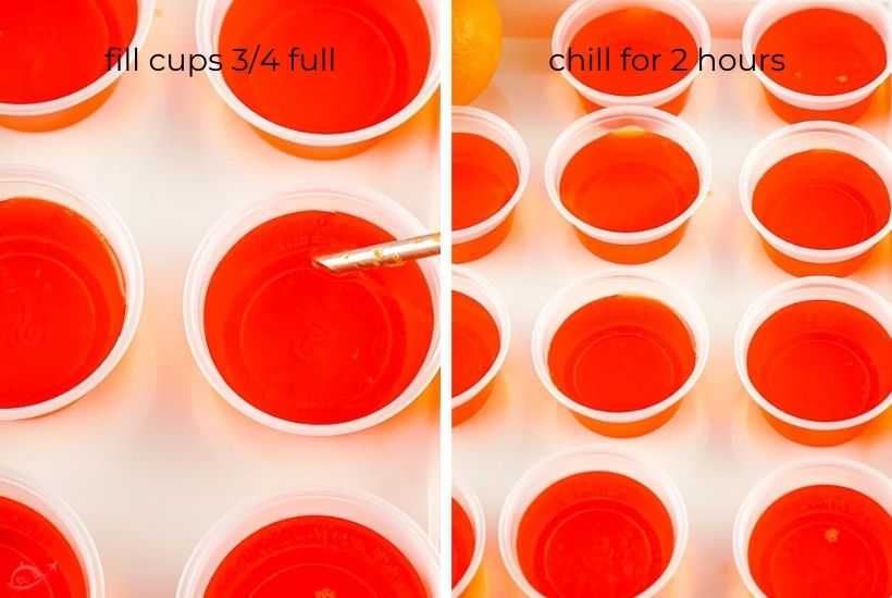 two image collage showing the mimosa jello shots before and after they have set