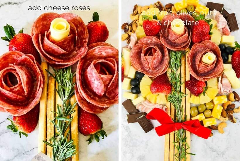 adding cheese to the salami roses and being placed on the bouquet surrounded by fruits and snacks