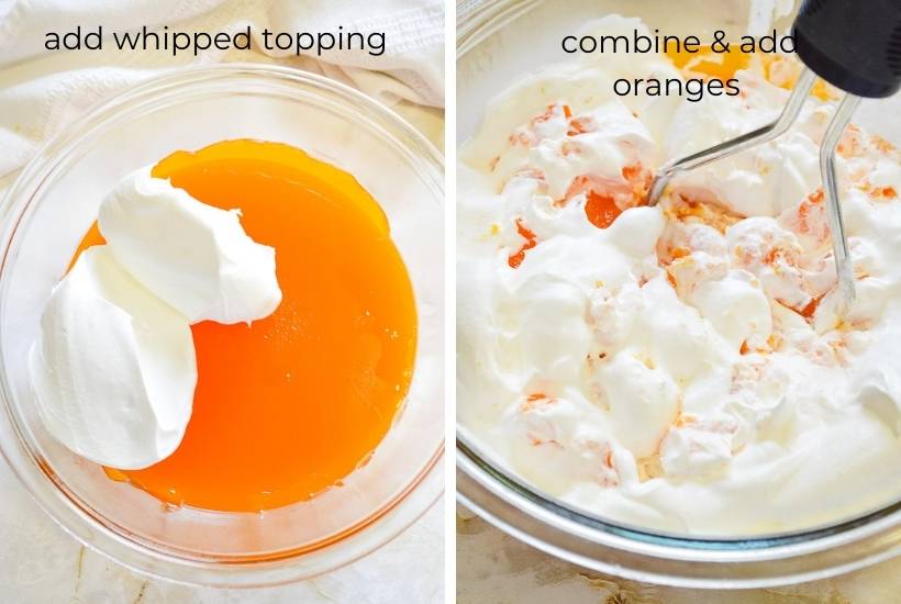 Collage of photos showing whipped topping being added to the cooked gelatin mixture.