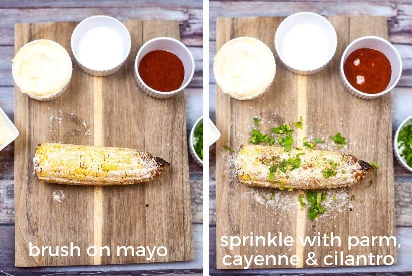 mayo, cheese, and spices being added to the air fried corn cobs