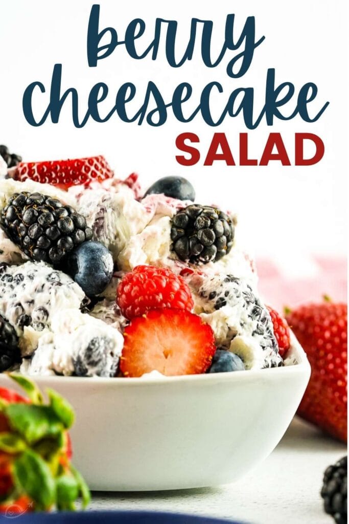 berry cheesecake salad in a bowl with text overlay