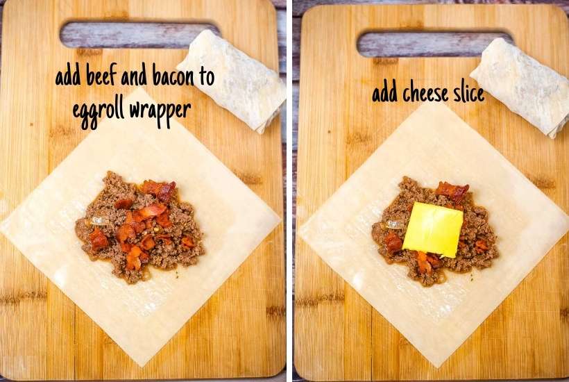 meat mixture and cheese being added to an egg roll wrapper