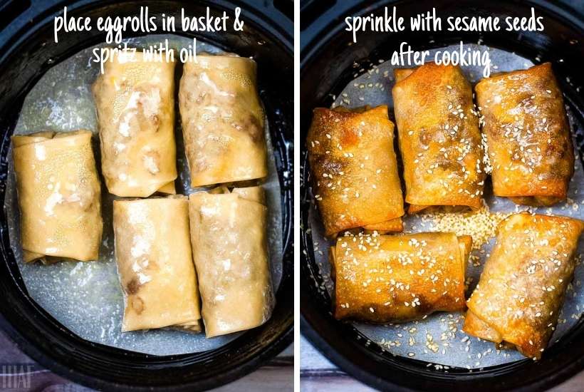 before and after of cheeseburger eggs rolls being cooked in the air fryer