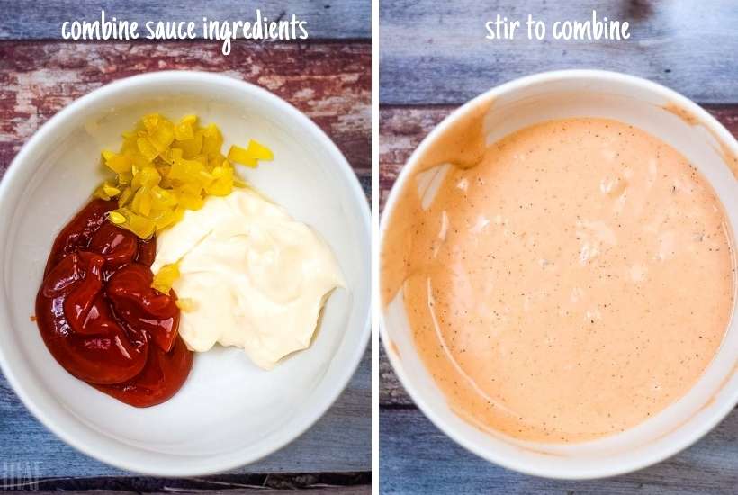 cheeseburger egg roll sauce being made in a white bowl