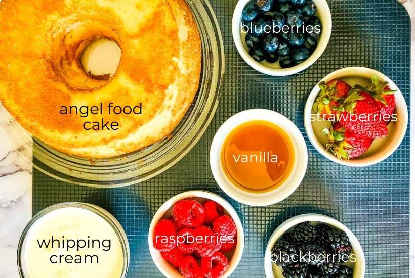 ingredients needed to make red white and blue layered angel food cake