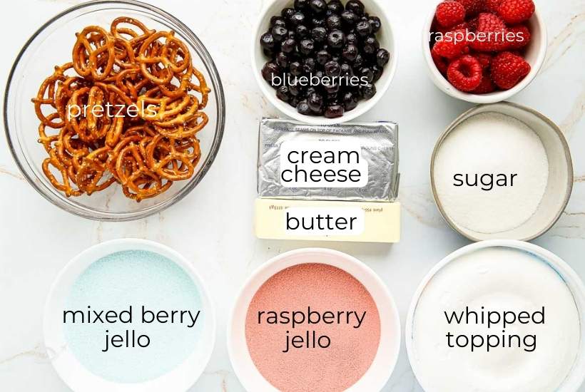 ingredients needed to make red white and blue pretzel salad