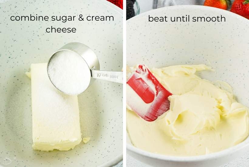 cream cheese and sugar being mixed together