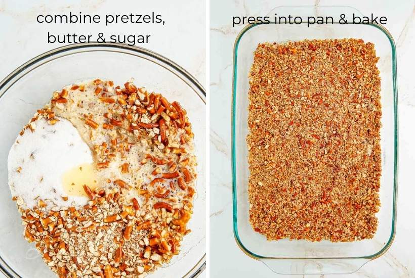 making the pretzel crust and pressing it into the baking pan