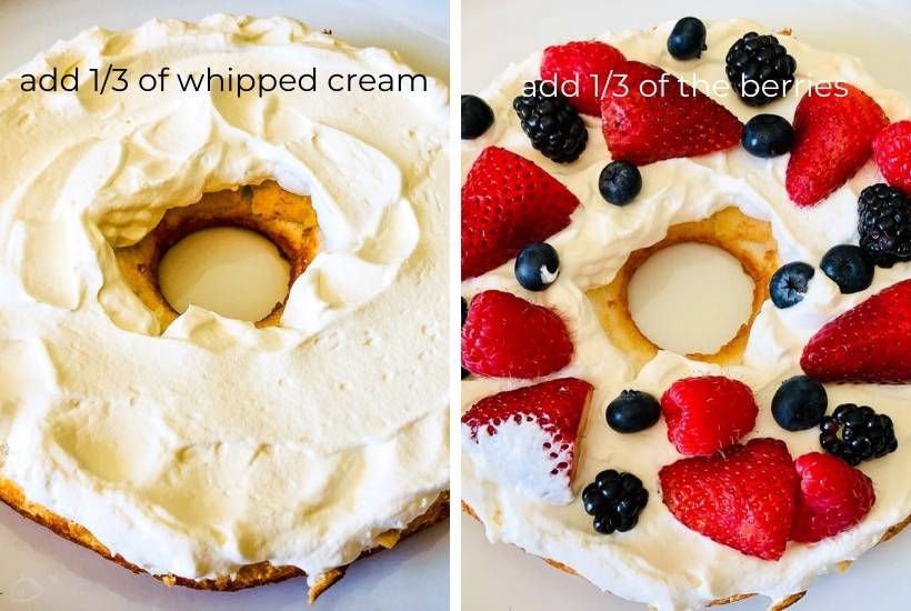 adding whipped cream and berries to a layer of angel food cake