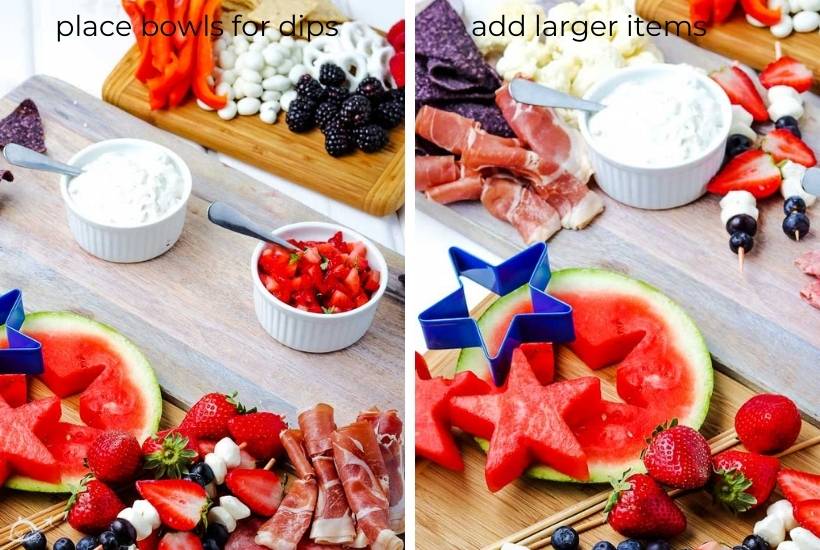 two image collage showing bowls and larger ingredients being added to the charcuterie board