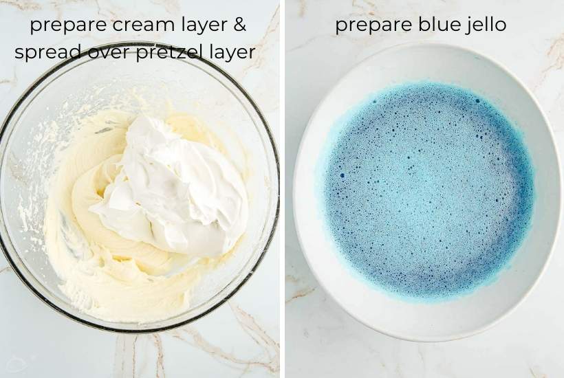 preparing the blue jello and cream layer