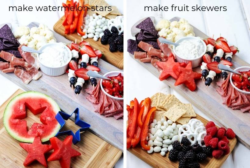 cutting stars out of watermelon and making fruit skewers