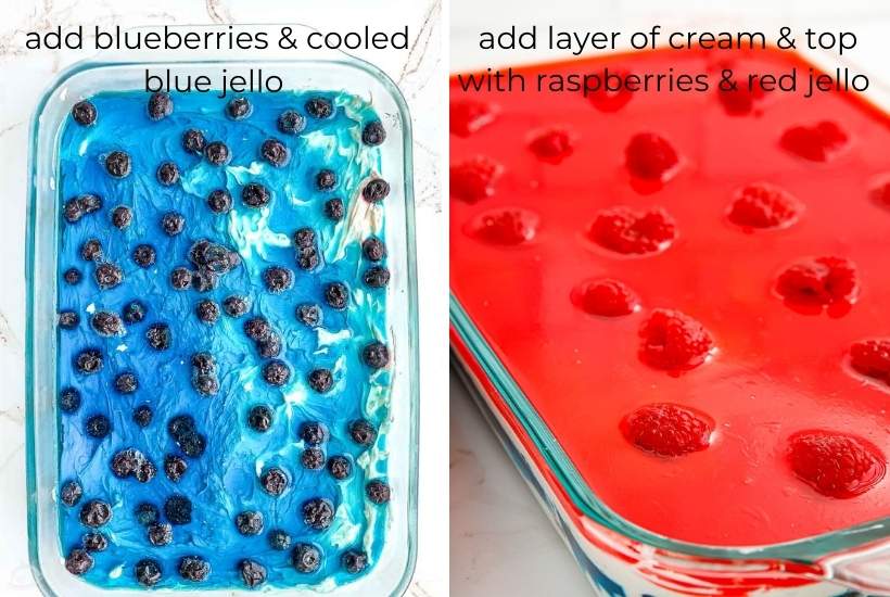 adding blueberries and raspberries with the red and blue jello