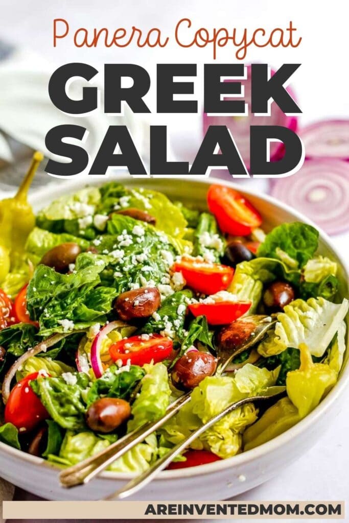 closeup view of Panera Greek salad in a white bowl with text overlay
