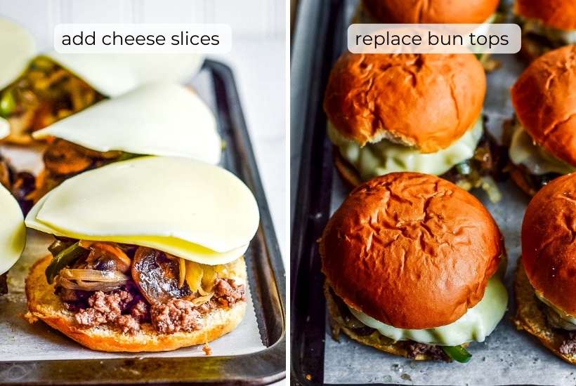 adding the cheese and top buns to the sliders