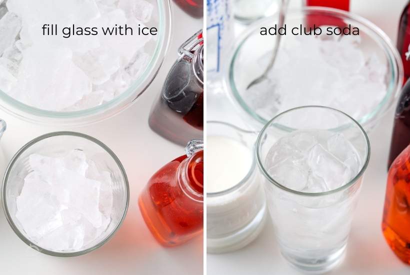 adding ice and club soda to a glass