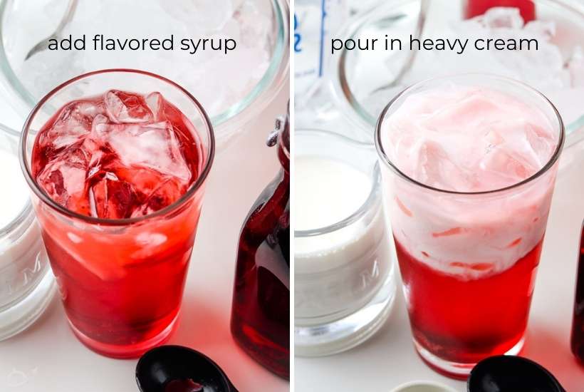 flavored syrup and heavy cream in a glass to make cream sodas