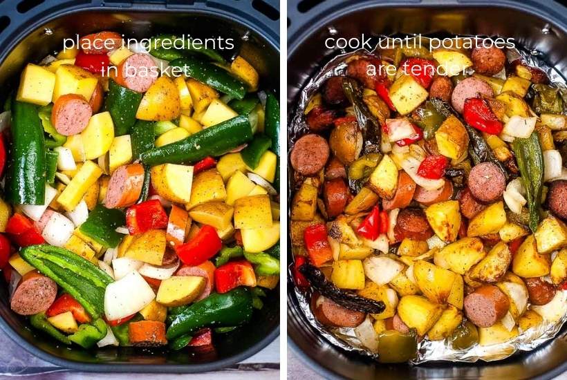 before and after cooking of smoked sausage, peppers, and onions in the air fryer basket