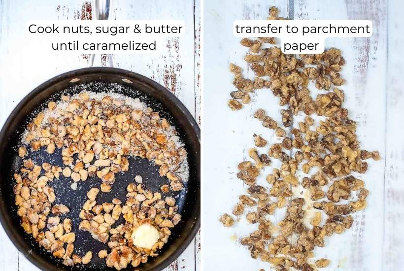 making candied walnuts in a skillet then transferring to parchment paper