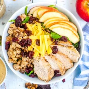 top view of chicken harvest salad with nuts, cranberries, cheese, and apples