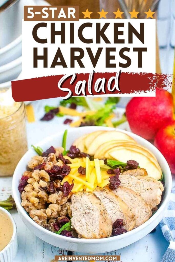 harvest chicken salad in a large white bowl with text overlay