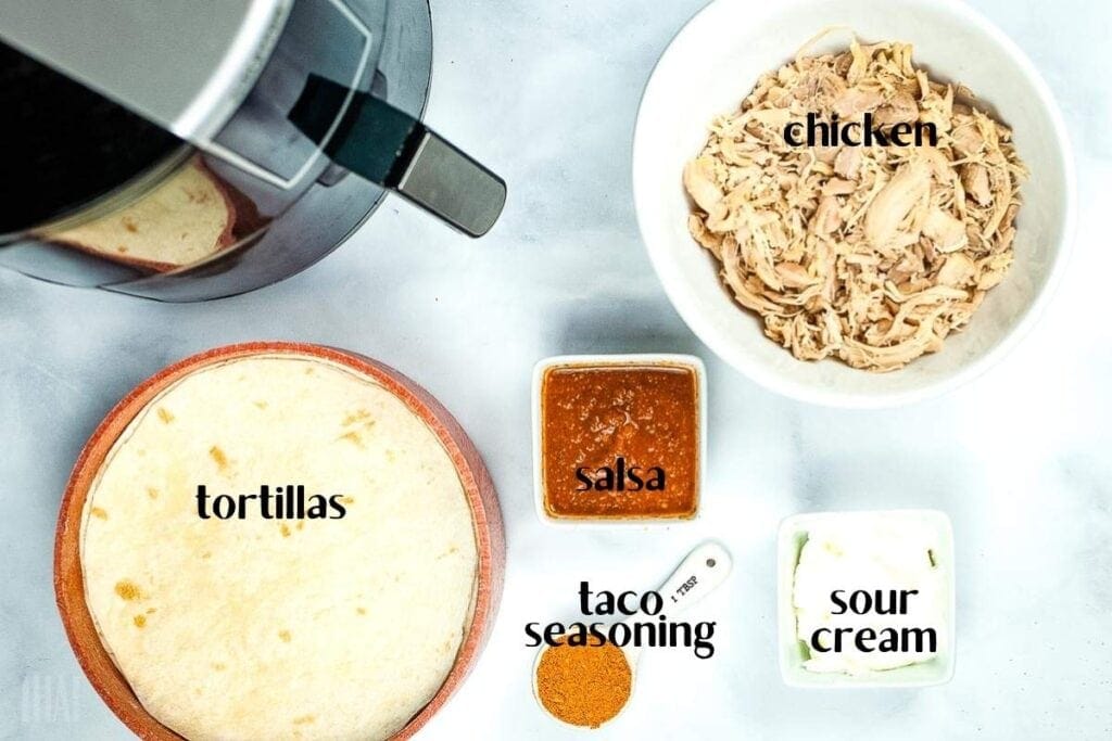 ingredients labeled to make chicken taquitos in the air fryer