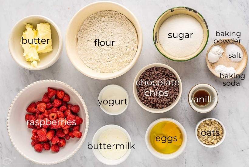 ingredients needed to make raspberry oatmeal muffins
