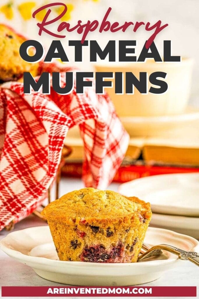 a raspberry oatmeal muffin on a small plate with text overlay