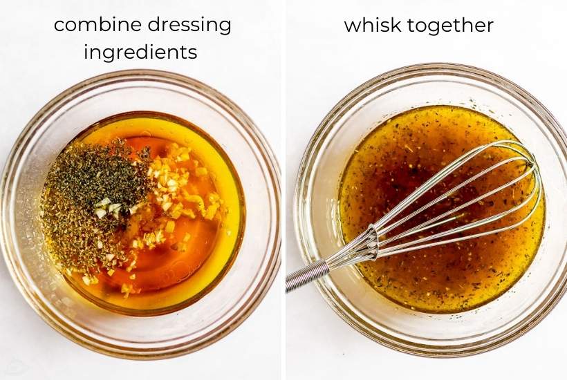 whisking panera greek dressing ingredients in a glass bowl
