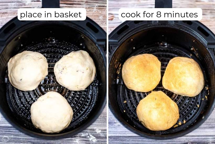 before and after cooking of the breakfast bombs in the air fryer basket