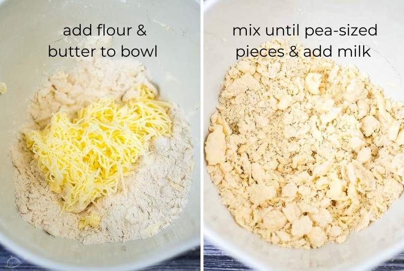 making the dough for the stuffed breakfast biscuits in a mixing bowl