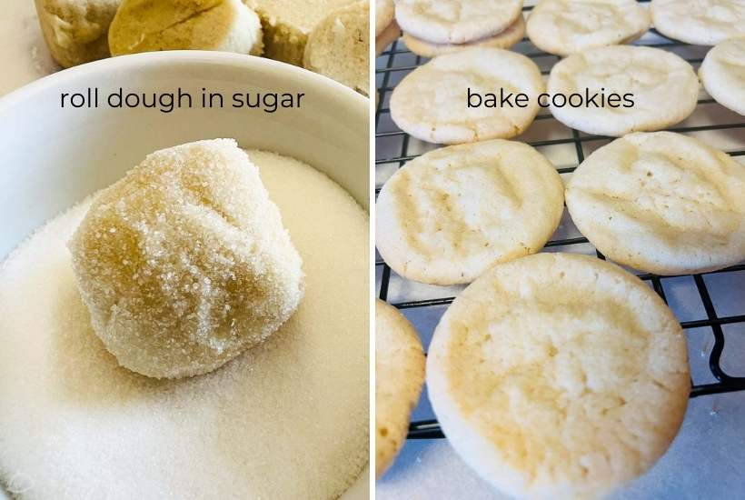 two image collage showing cookie dough balls being rolled in sugar then cookies cooling on a wire rack after baking.