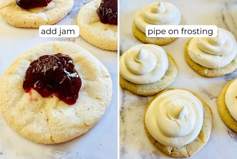 two photo collar of adding strawberry jam to a cookies and piping on the marshmallow frosting.