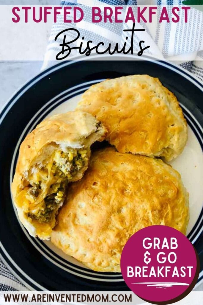 three stuffed breakfast biscuits on a plate with text overlay