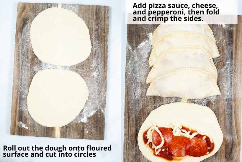 steps on how to roll out dough and fill the dough for air fried calzones