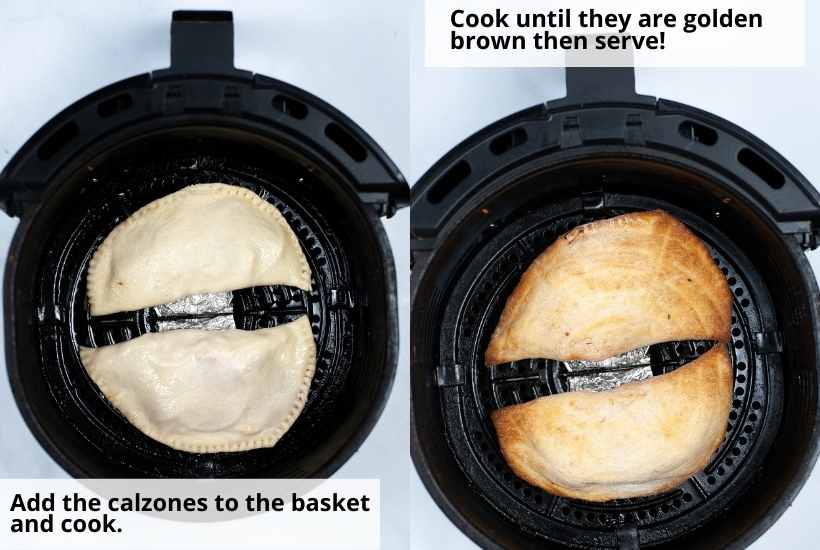 before and after views of calzones in air fryer