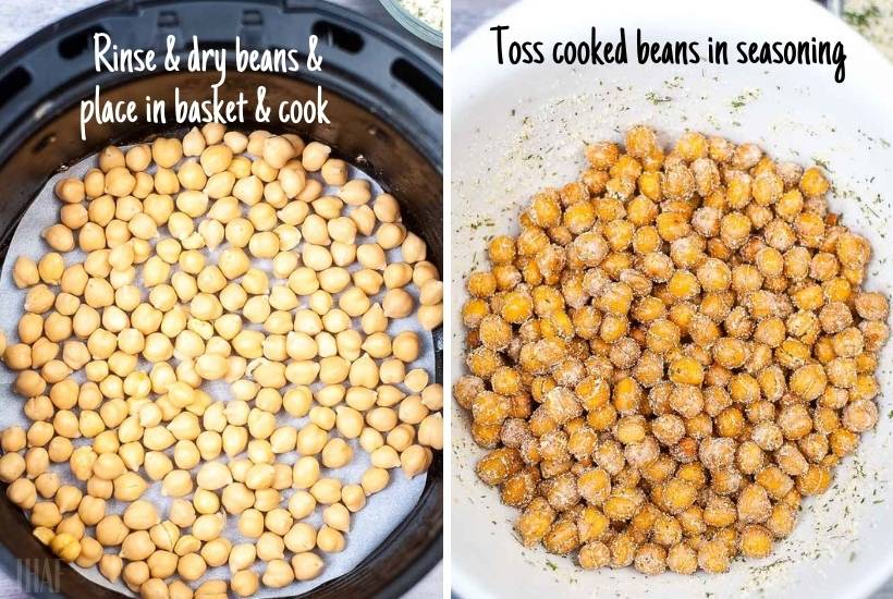 collage of photos showing air fried ranch chickpeas before and after cooking.