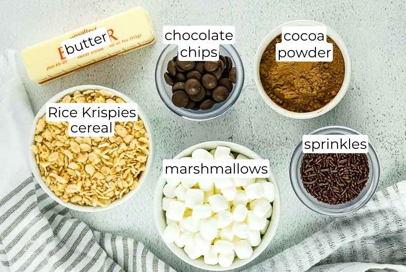 labeled ingredients needed to make chocolate Rice Krispie treats.