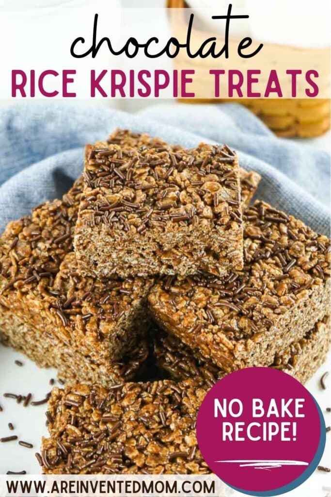 a stack of chocolate Rice Krispie treats on a white plate with text overlay.