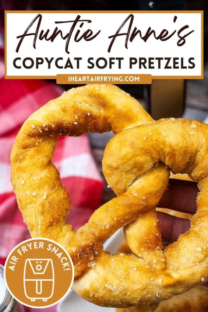 close up of an air fryer soft pretzel with text overlay